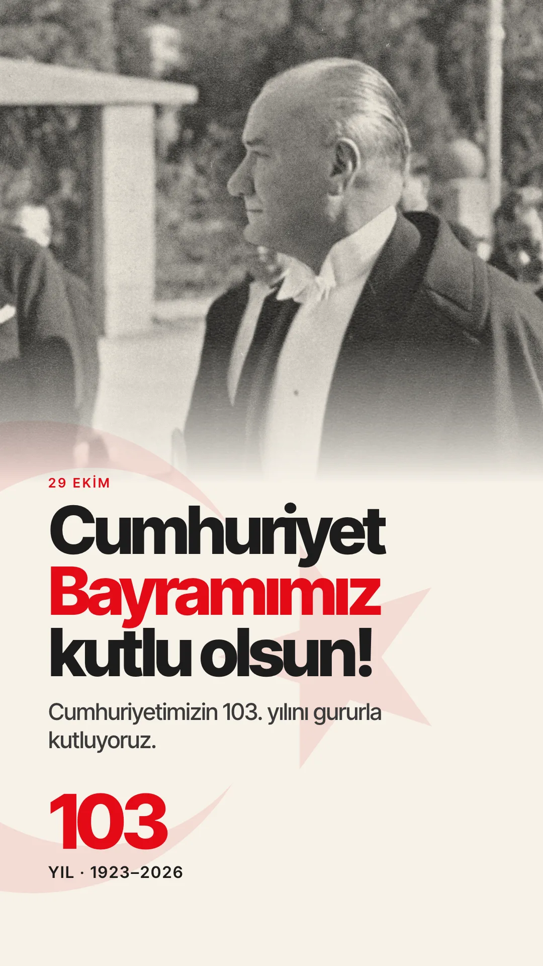 Turkish flag and Atatürk portrait on a light background with a Republic Day greeting, vertical story card