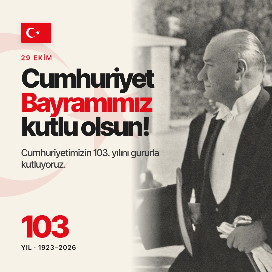 Turkish flag and Atatürk portrait on a light background with a Republic Day greeting, square card