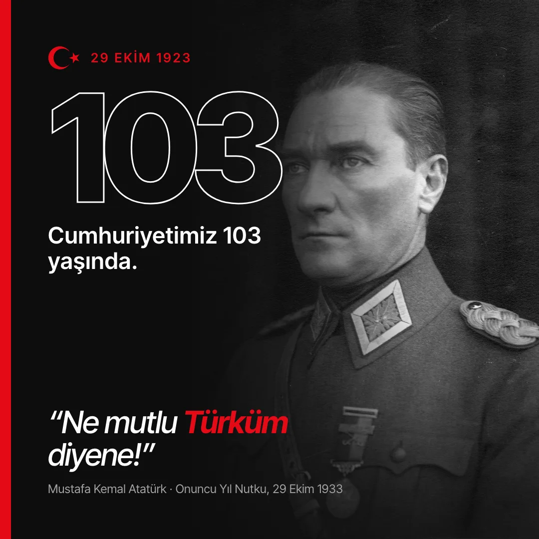 Atatürk portrait on a dark background with the number 103 and a quote, square card
