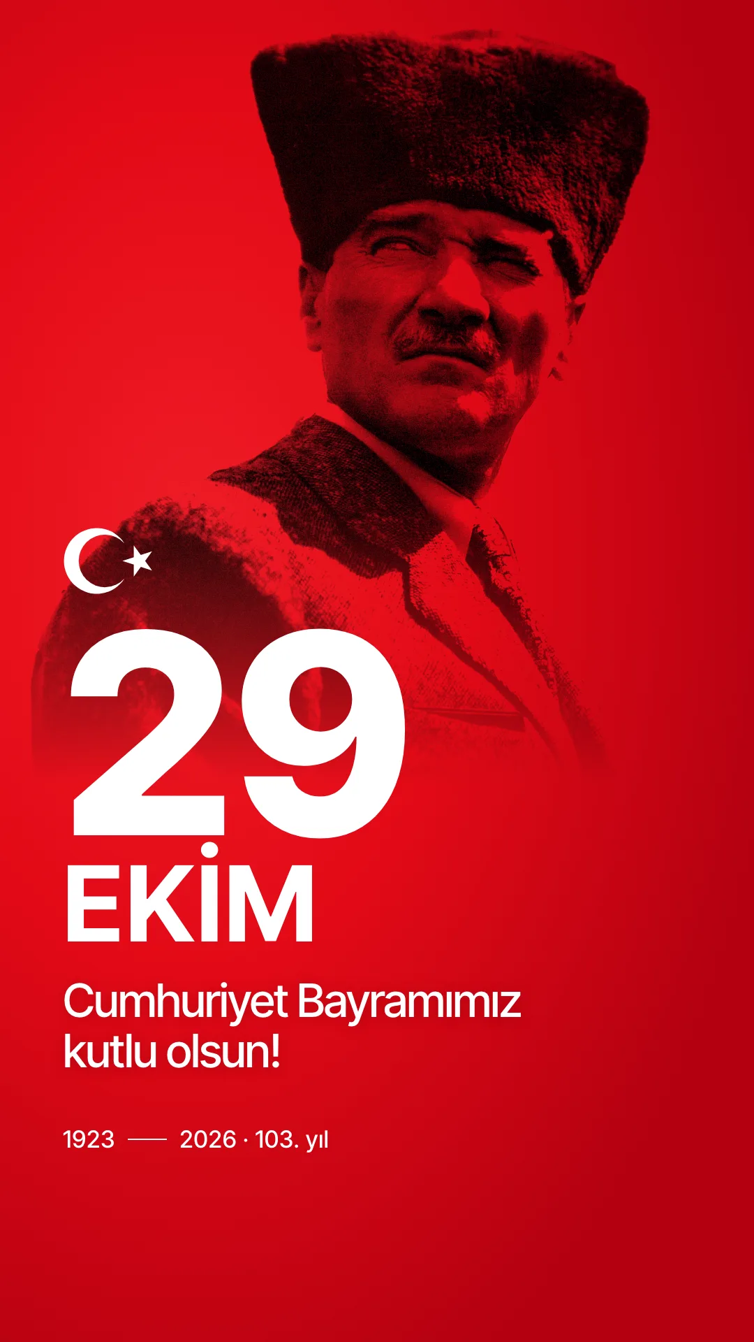 Atatürk in a kalpak on a red background with the text 29 Ekim, vertical story card