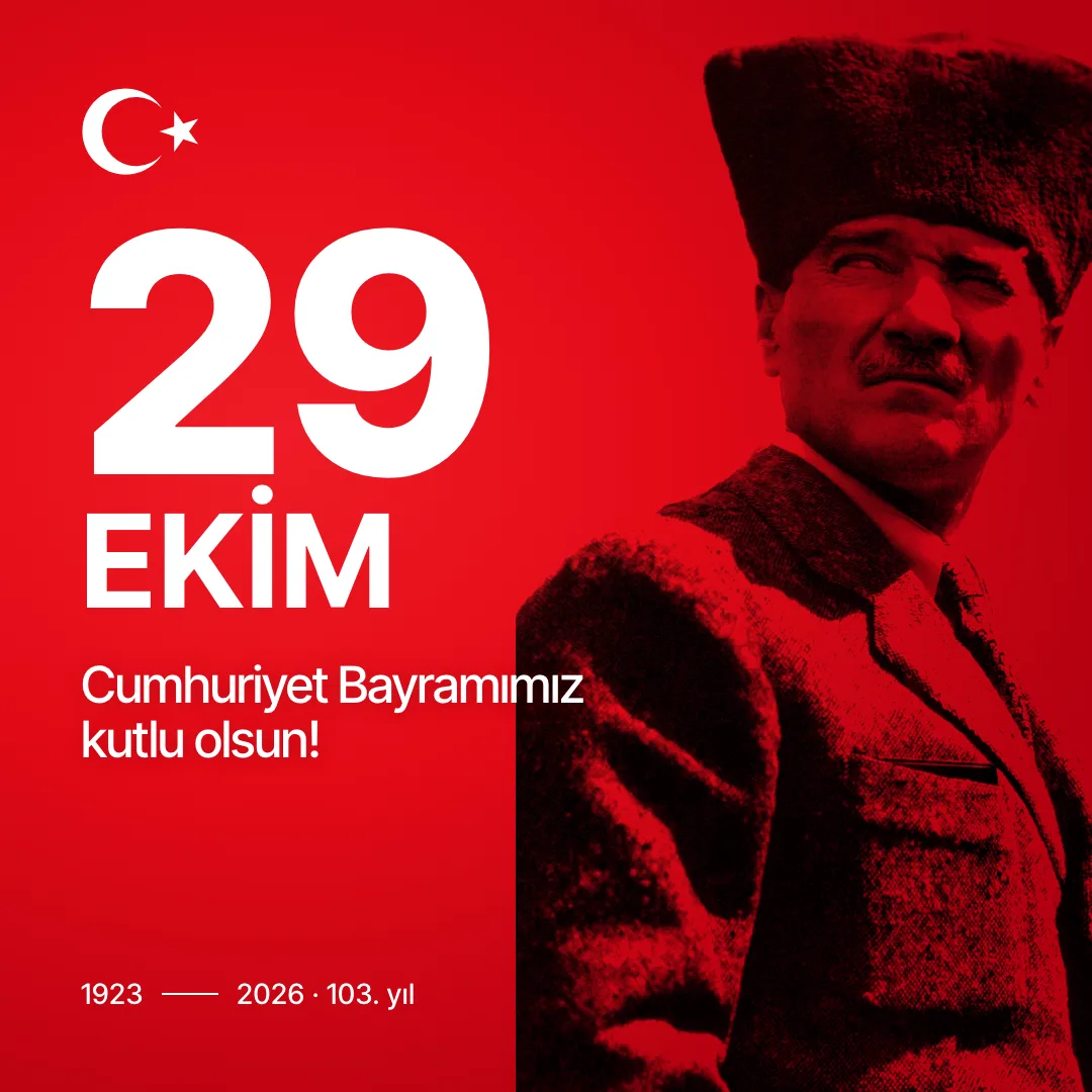 Atatürk in a kalpak on a red background with the text 29 Ekim, square card