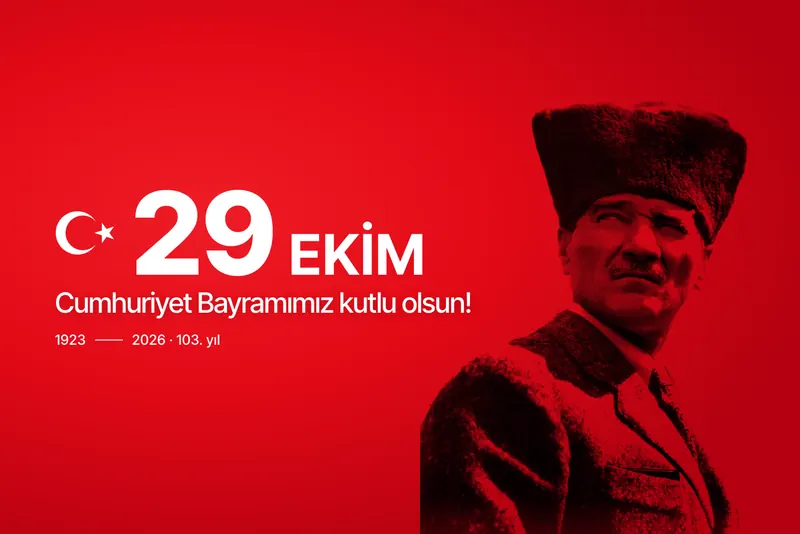 Atatürk portrait on a red background with the Turkish text '29 Ekim, Cumhuriyet Bayramımız kutlu olsun'