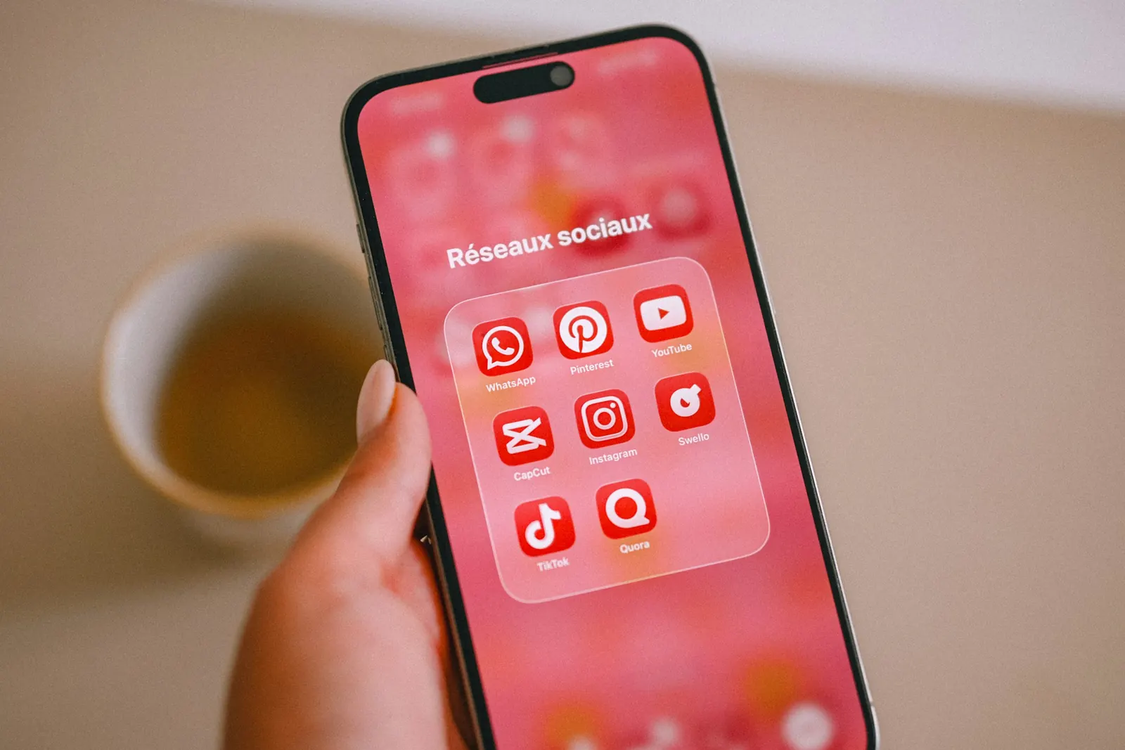 Hand holding a phone with social media apps