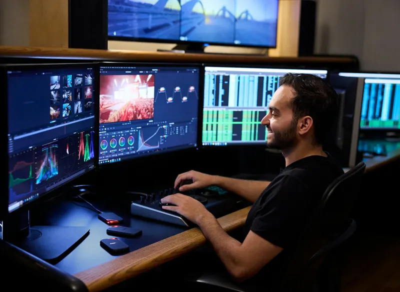 Software developer working across several monitors